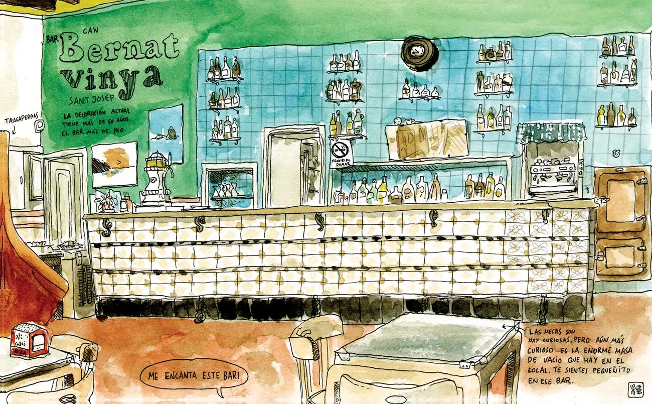 Dibujo en acuarela del Bar Bernat Vinya en Ibiza. Estilo Urban Sketchers, Bares con encanto, Baleares