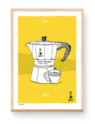 Printable digital print with an illustration of an Italian bialetti coffee maker. Decorative kitchen picture to print at home.
