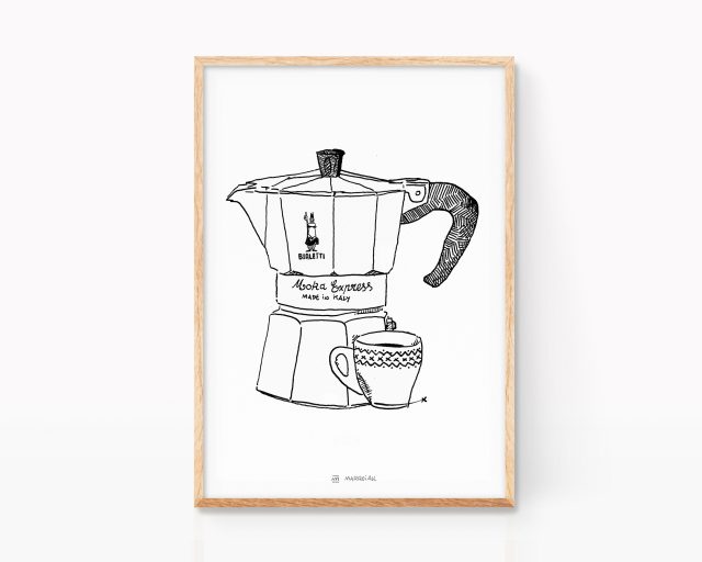 Cuadro decorativo para cocinas con una ilustración en blanco y negro de una cafetera italiana Bialetti con una taza de café solo (expreso). Lámina Print para enmarcar diseño nórdico y minimalista para amantes del café.