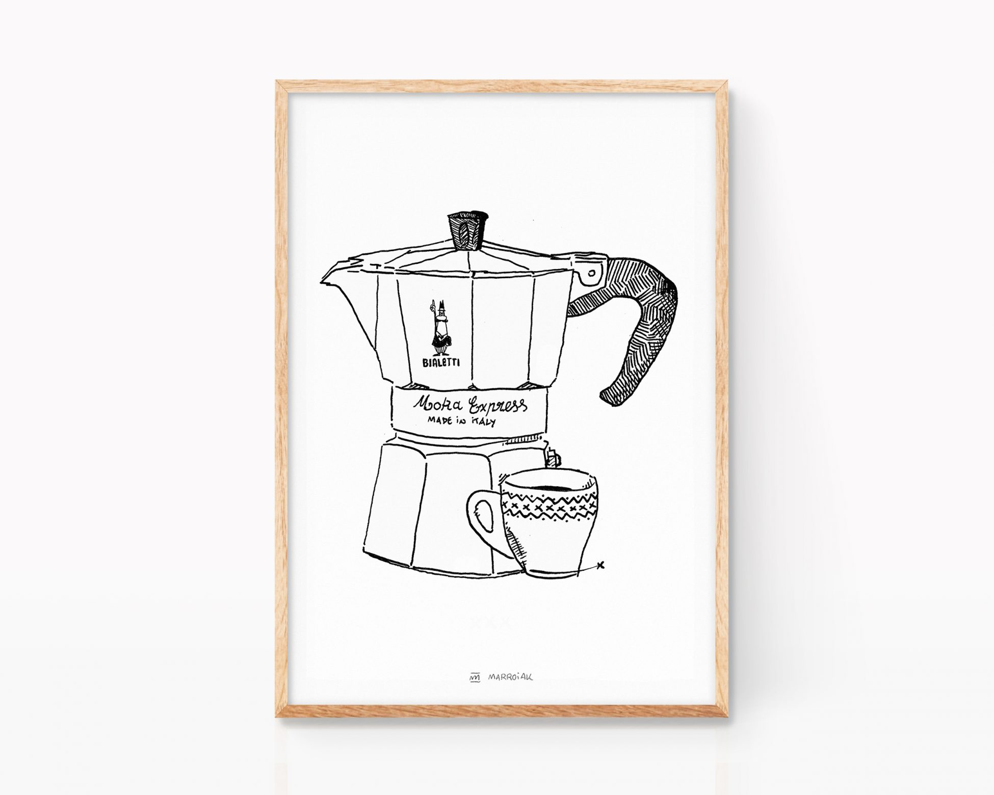 Lámina decorativa para cocinas con una ilustración en blanco y negro de una cafetera italiana Bialetti con una taza de café solo (expreso). Print para enmarcar.