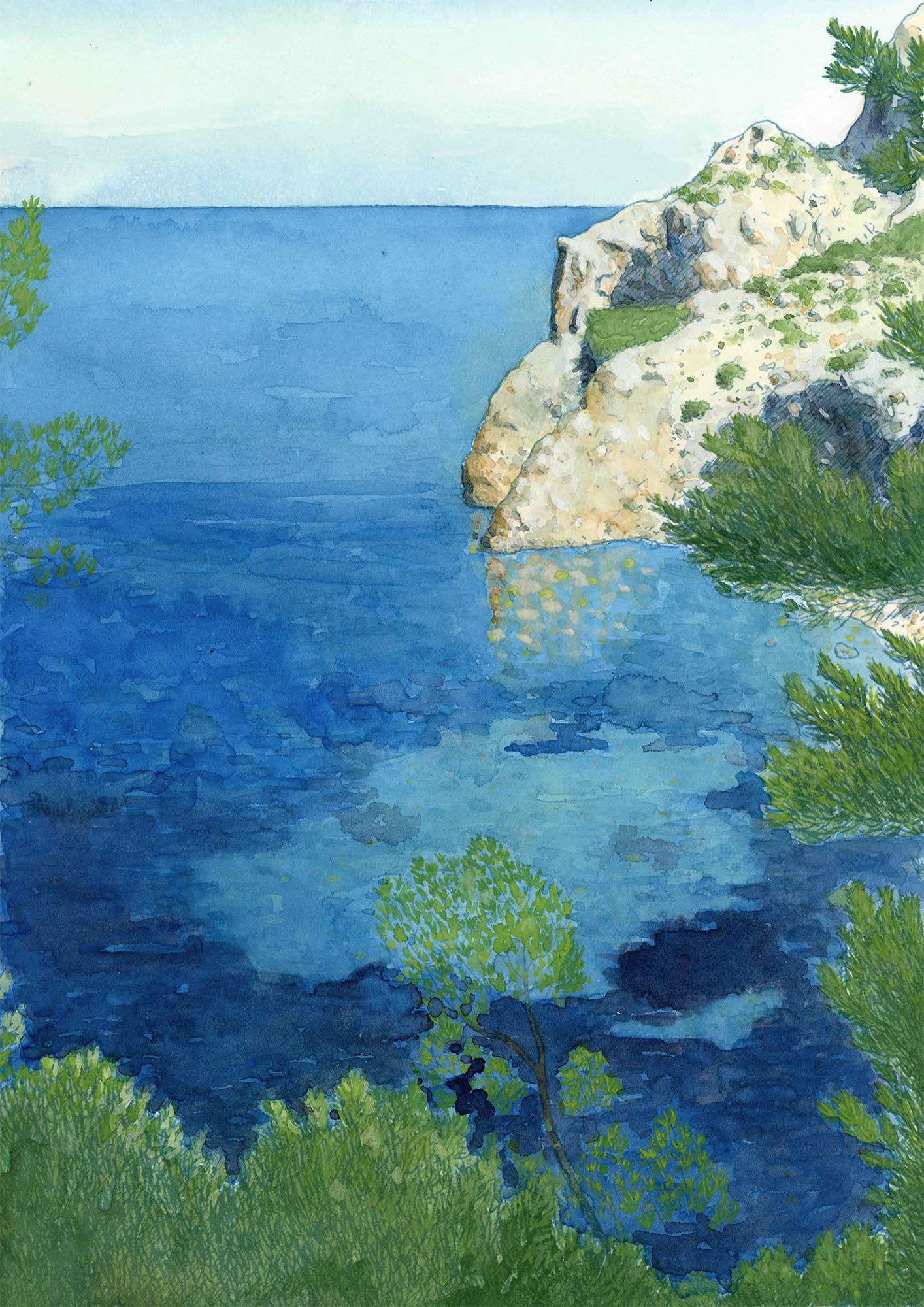 Boceto paisaje cala Ses Balandres en Ibiza