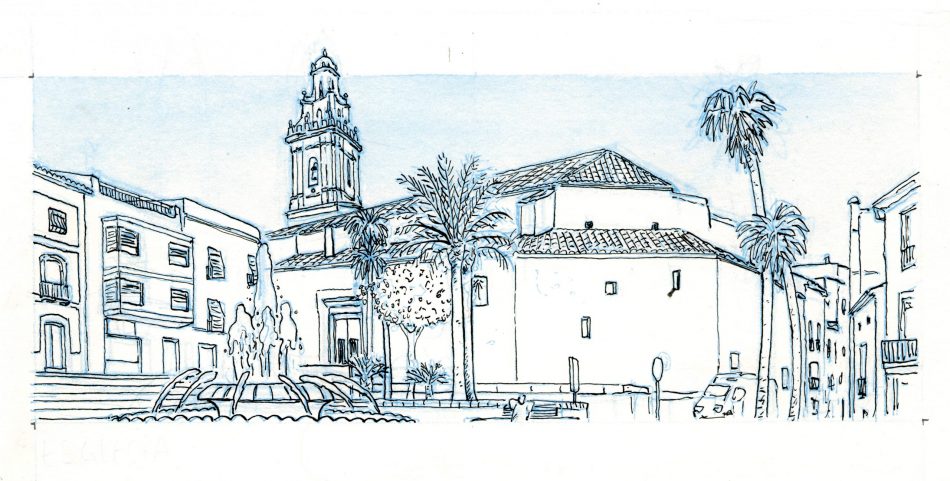 Boceto de una ilustración de la iglesia principal del municipio alicantino de Pego (La Marina Alta, Alicante)