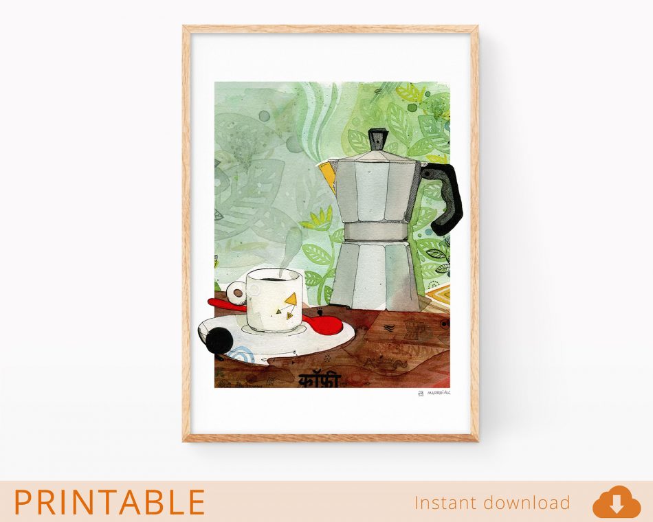 Lámina en formato digital jpg para descargar con un dibujo de una cafetera. Decoración para cocinas y amantes del café