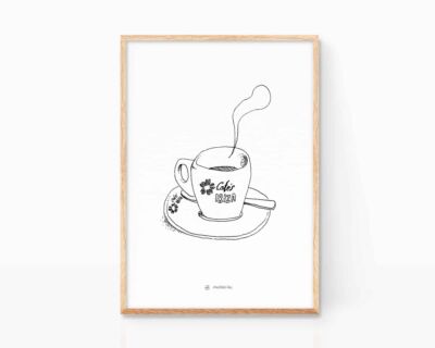 Black and white Ibiza Cafés painting. Fun decoration for Ibizan cafes and restaurants.