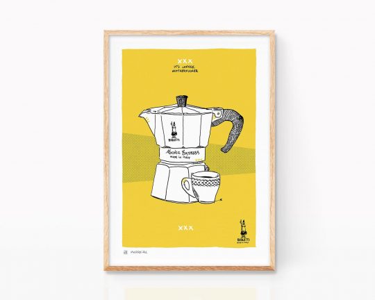Lámina (print) para cocina con una ilustración de una cafetera italiana vintage Bialetti de color amarillo. Cuadro para enmarcar de estilo minimalista y nórdico con un dibujo Pop Art. (Póster de Marroiak)