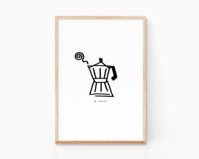 Decorative picture for framing with an illustration of a minimalist and shabby chic Italian coffee pot. Nordic and fun decoration for kitchens. Black and white drawing in grunge and Pop Art style. Sketch available to buy online.