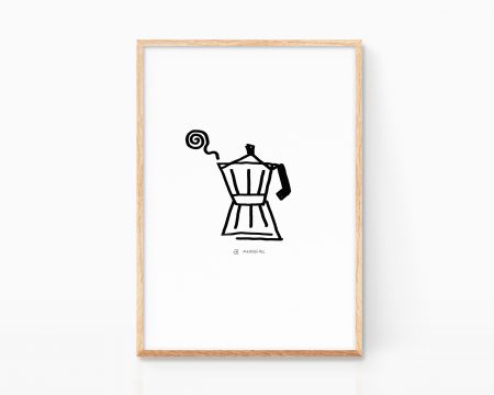 Cuadro decorativo para enmarcar con una ilustración una cafetera italiana minimalista y cutre. Decoración para cocinas nórdica y divertida. Dibujo en blanco y negro de estilo grunge y Pop Art. Boceto disponible para comprar online.