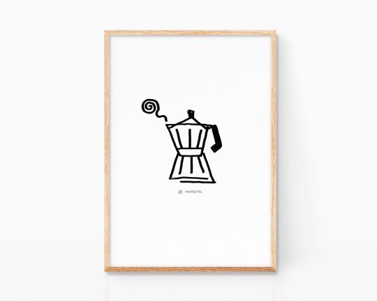 Cuadro decorativo para enmarcar con una ilustración una cafetera italiana minimalista y cutre. Decoración para cocinas nórdica y divertida. Dibujo en blanco y negro de estilo grunge y Pop Art. Boceto disponible para comprar online.