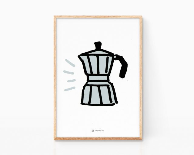 Cuadro decorativo para cocinas con una lámina (print) de una ilustración de una cafetera Bialetti italiana antigua, vintage y minimalista. Dibujo divertido y exclusivo.