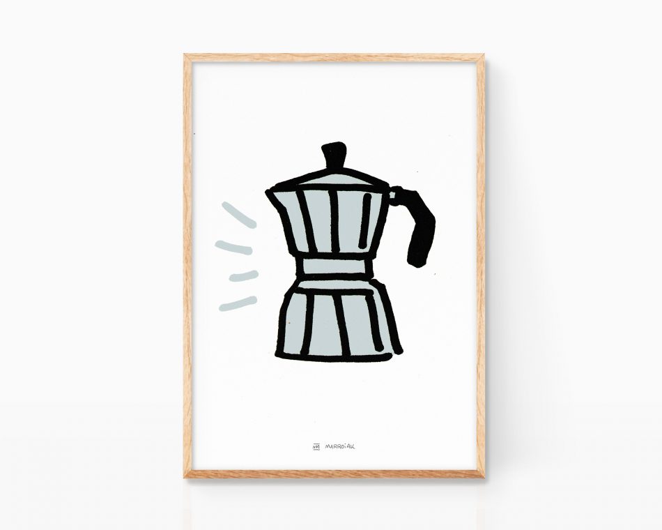 Lámina print con una ilustración de una cafetera italiana vintage minimalista. Dibujo simple y divertido estilo Keith Haring. Decoración de cocinas y cafeterías