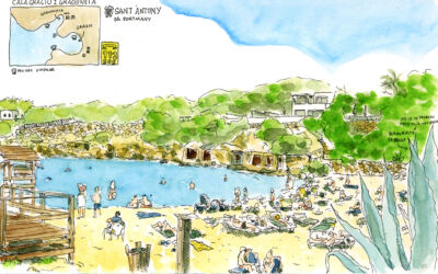 Print with a watercolor drawing of the Cala Gracioneta beach in San Antonio on the island of Ibiza.