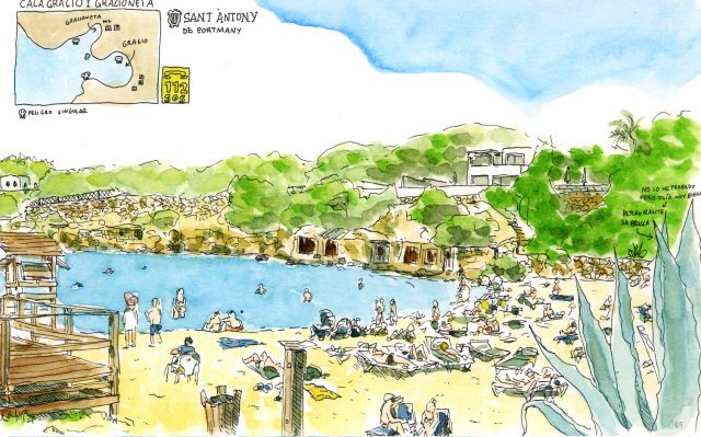 Lámina con un dibujo en acuarela de la playa cala gracioneta en San Antonio en la isla de Ibiza