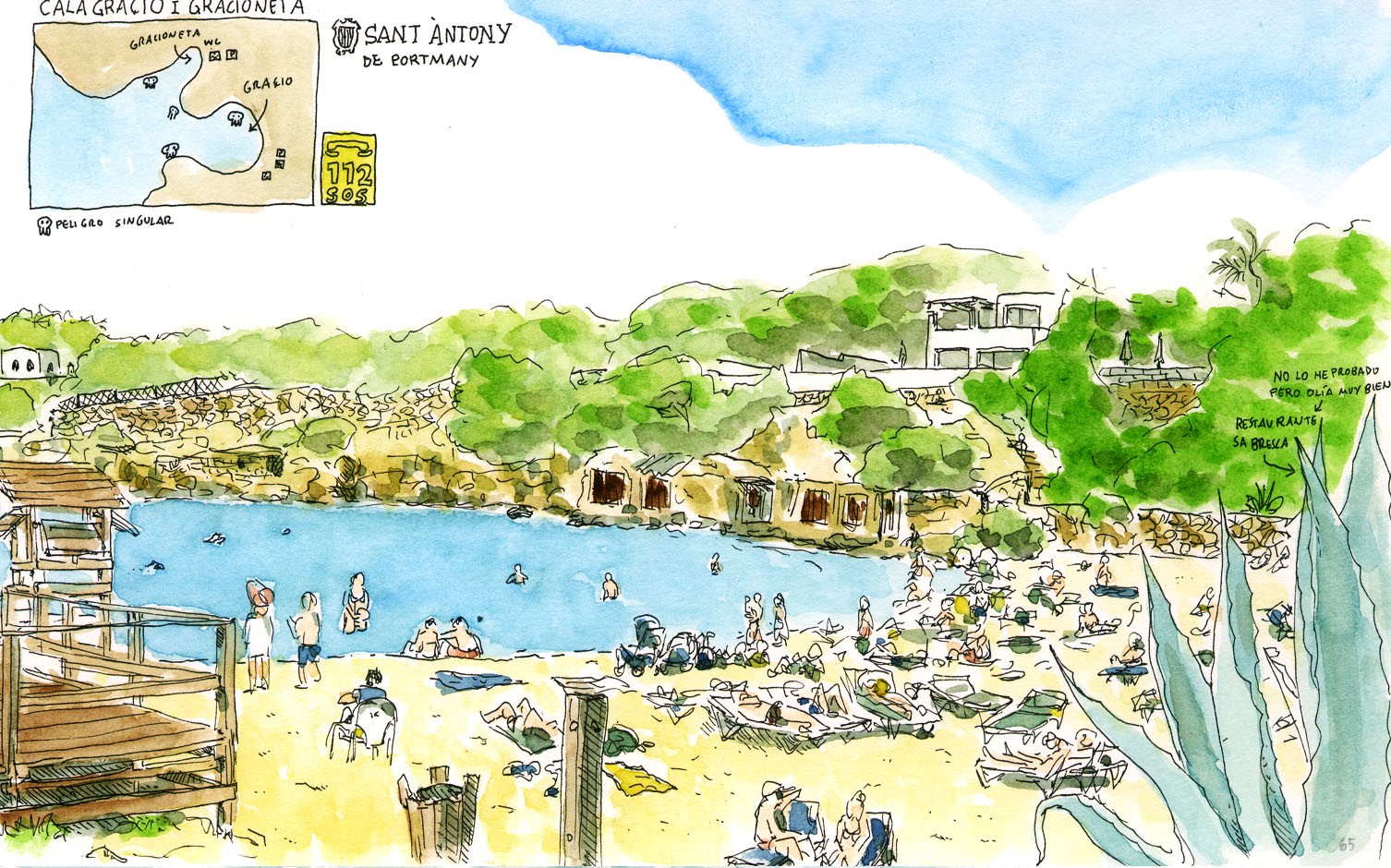 Ilustración de la playa de Sant Antoni Cala Gracioneta en la isla de Ibiza, Baleares, España