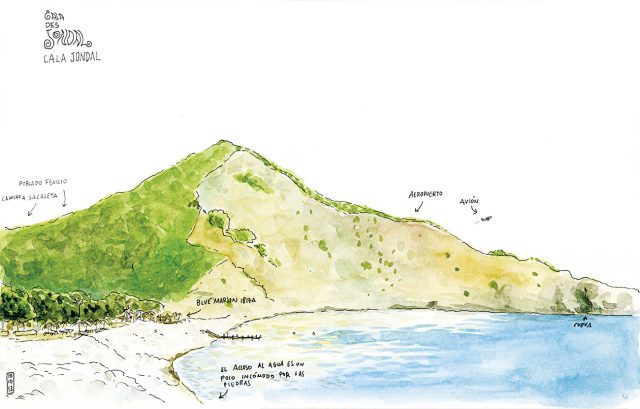 Dibujo en acuarela con un paisaje de la playa Cala des Jondal en San José de Sa Talaia, Ibiza