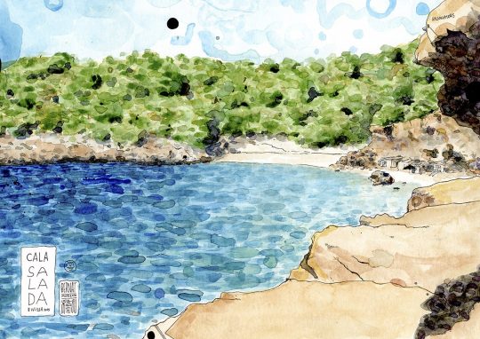 Cuadro de Ibiza. Lámina decorativa para enmarcar con una ilustración en acuarela de la playa Cala Salada en la isla mediterránea de Ibiza, Islas Baleares (España). Prints con dibujos de paisajes exclusivos disponibles para comprar online.