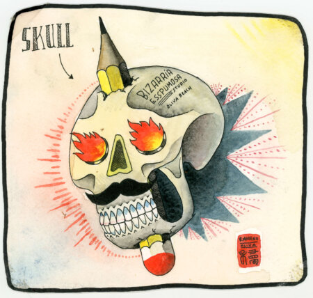 Skull with pencil bizarre foaming marroiak. Original artwork