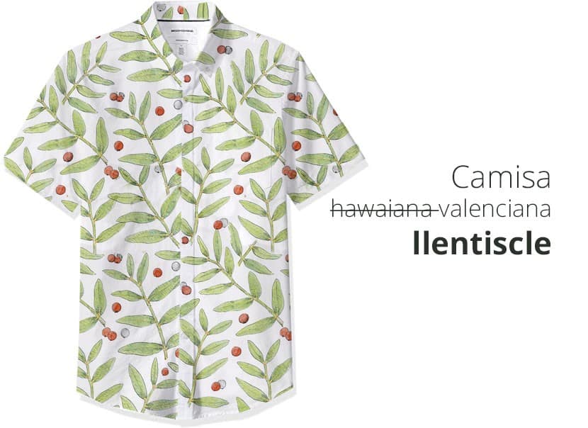 Camisa hawaiana con estampado plantas típicas de Valencia Daki. Rojo, verde y blanco
