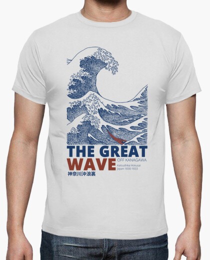 Camiseta blanca de hombre con un diseño de La Gran Ola de Kanagawa del artista japonés Hokusai