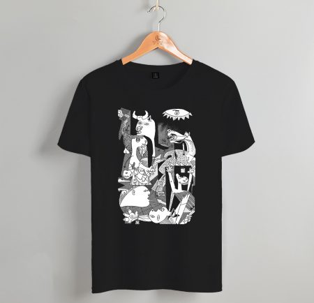 Camiseta negra para hombre con una ilustración del Guernica de Pablo Picasso. Diseño de ropa hecha en España con algodón orgánico y Comercio Justo. Dibujo realizado de manera artesanal e impreso con serigrafía ecológica y sostenible.