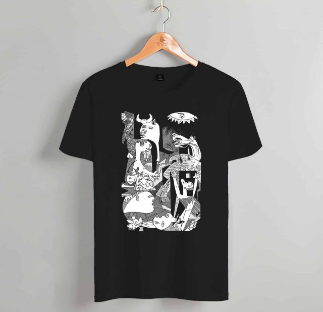 Camiseta negra para hombre con una ilustración del Guernica de Pablo Picasso. Diseño de ropa hecha en España con algodón orgánico y Comercio Justo. Dibujo realizado de manera artesanal e impreso con serigrafía ecológica y sostenible.