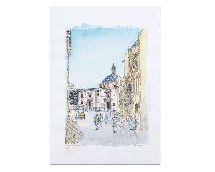 Ilustracion acuarela y tinta calle micalet valencia. Urban sketchers original. Pintura. boceto