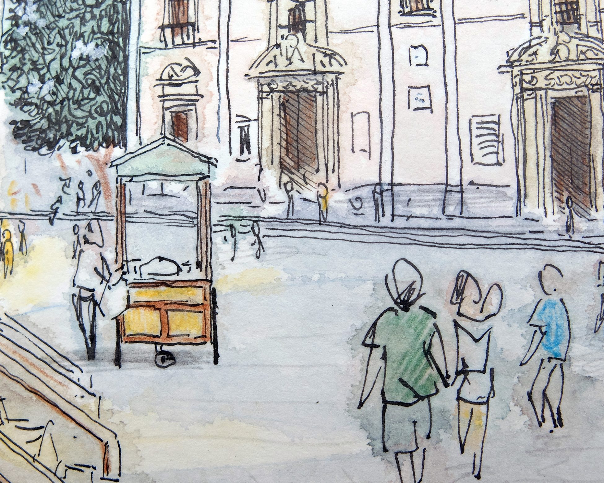 Detalle de un dibujo en acuarela calle del barrio del carme. Ilustracion, urban sketchers