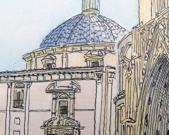 Detalle de un dibujo en acuarela calle del barrio del carme. Ilustracion, urban sketchers