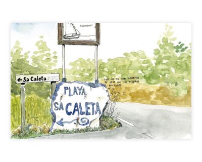 Dibujo de una piedra pintada en la playa de Sa Caleta, Ibiza. Islas Baleares. Ilustración de viaje