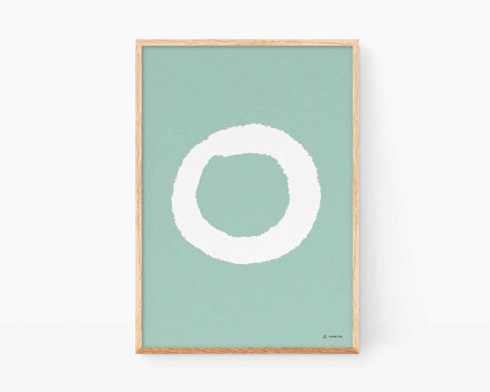Cuadros abstractos turquesa minimalistas. Lámina decorativa para enmarcar con una diseño zen de un círculo blanco sobre fondo color verde turquesa. Decoración moderna y elegante para el hogar, salas de yoga y masajes.