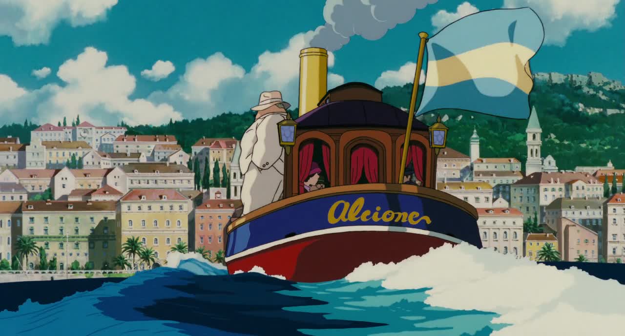 Escena Porco Rosso en un barco película de animación de Studio Ghibli. Paisajes de estilo manga.