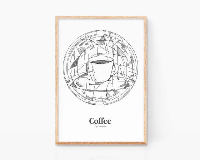 Lámina cubista y abstracta para cocinas con una ilustración de una taza de café espresso en blanco y negro. Cuadro para enmarcar en cocinas y cafeterías. Estilo cubista, pablo picasso