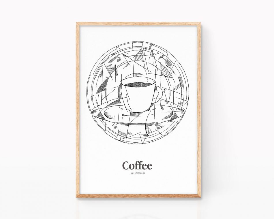 Lámina decorativa para cocinas con una ilustración de una taza de café espresso en blanco y negro. Cuadro para enmarcar en cocinas y cafeterías. Estilo cubista, pablo picasso