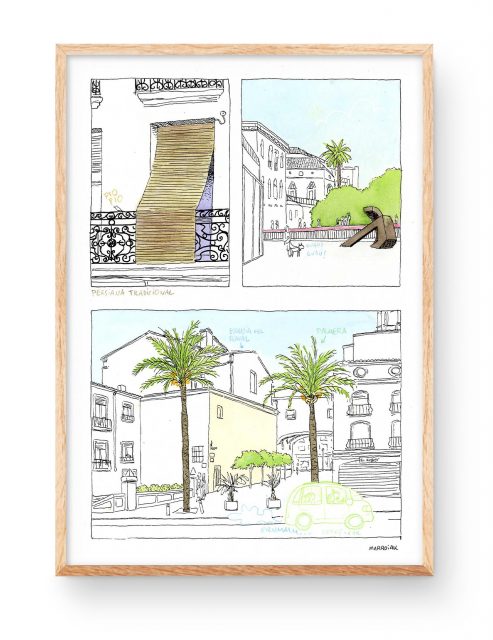 Dibujo estilo comic de la ciudad de Gandia en la Safor, Provincia de Valencia