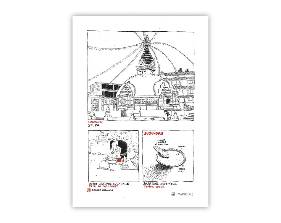 Cuadro para enmarcar con una ilustración de un comic de nepal. Estupa, Asia