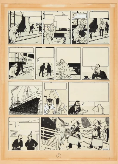 Ilustración original linea negra del comic de Tintin. Dibujo en blanco y negro