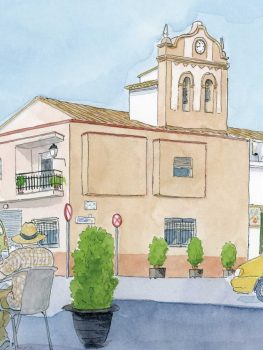 Dibujo en acuarela de Barx pueblo de la Safor en Valencia