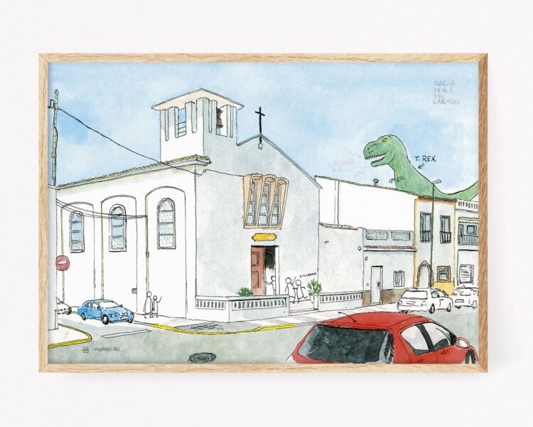 Cuadro decorativo dibujo Iglesia (esglesia) Nuestra señora del Carmen en la playa de Oliva, Valencia - Láminas para enmarcar con ilustraciones en acuarela no basadas en fotografías. Pueblos de La Safor