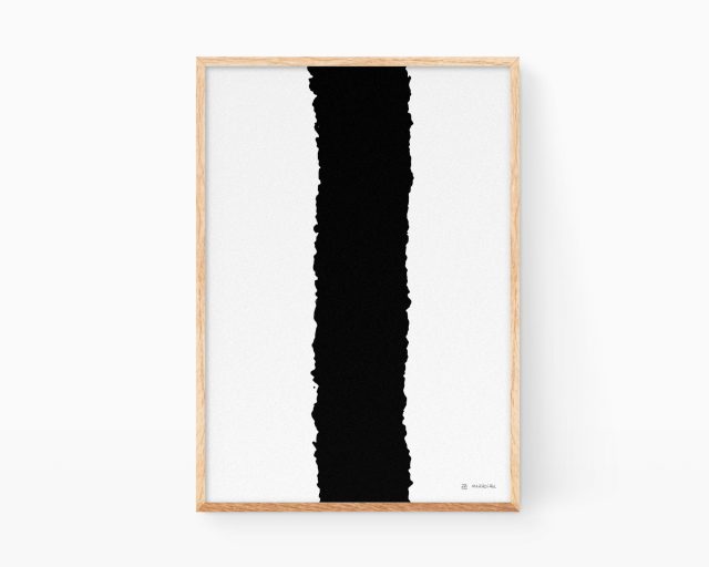 Pintura línea gruesa negra. Cuadro arte abstracto decorativo para enmarcar con una lámina en blanco y negro de estilo zen y elegante. Print exclusiva minimalista japonesa.