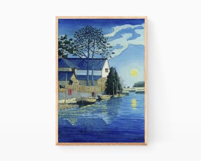 Pictures ukiyo-e contemporary art. Print with a version of Hasui Kawase's watercolor illustration. Drawing with a night over a village in Japan where boats, a river, the moon and several houses appear.