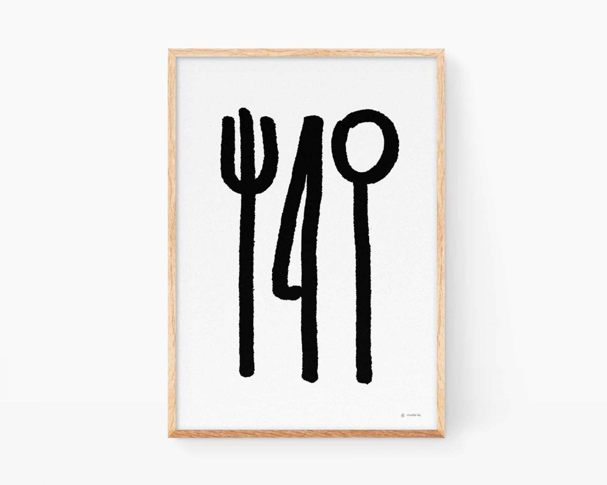 Cuadros decorativos para cocinas. Lámina en blanco y negro para enmarcar con una ilustración minimalista en blanco y negro de unos cubiertos: tenedor, cuchillo y cuchara. Decoración moderna para restaurantes.