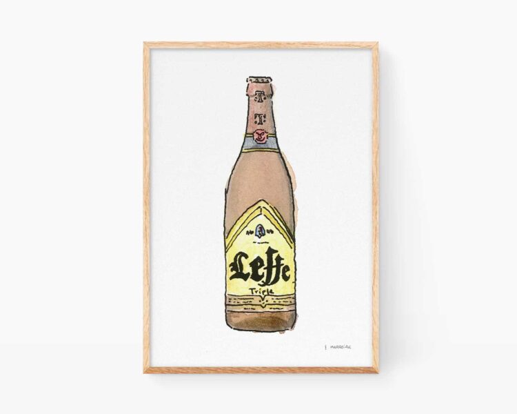 Cuadros decorativos para cocina con una ilustración de la cerveza belga Leffe artesanal. Lámina para enmarcar con un dibujo en acuarela de estilo moderno para amantes de la cultura de Bélgica