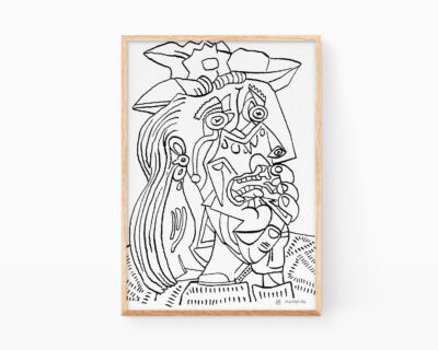 Cuadros de Pablo Picasso. Lámina con una ilustración en blanco y negro de La mujer que llora. Prints para decoración cubista, moderna y de estilo line art minimalista.