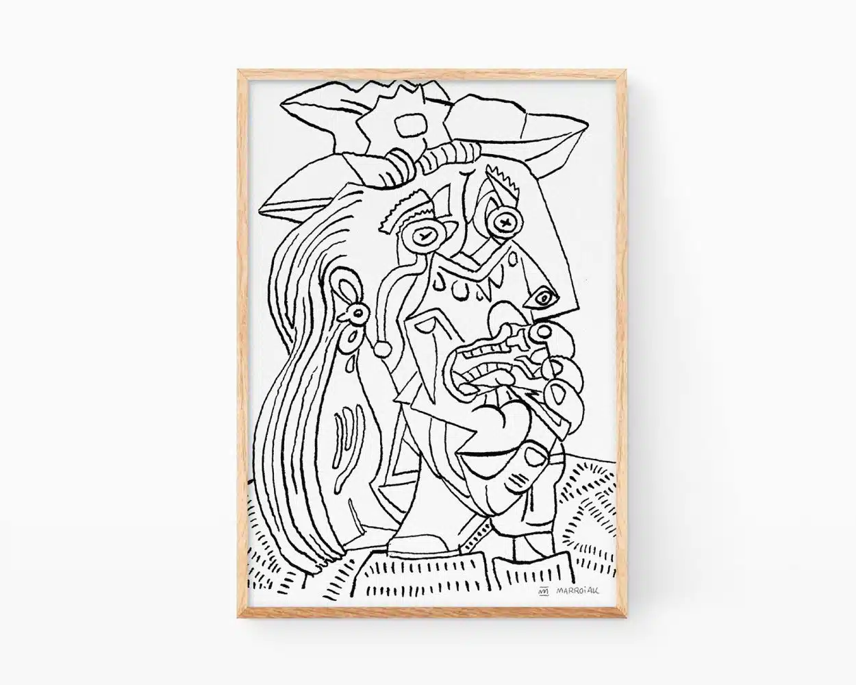 Cuadros de Pablo Picasso. Lámina con una ilustración en blanco y negro de La mujer que llora. Prints para decoración cubista, moderna y de estilo line art minimalista.