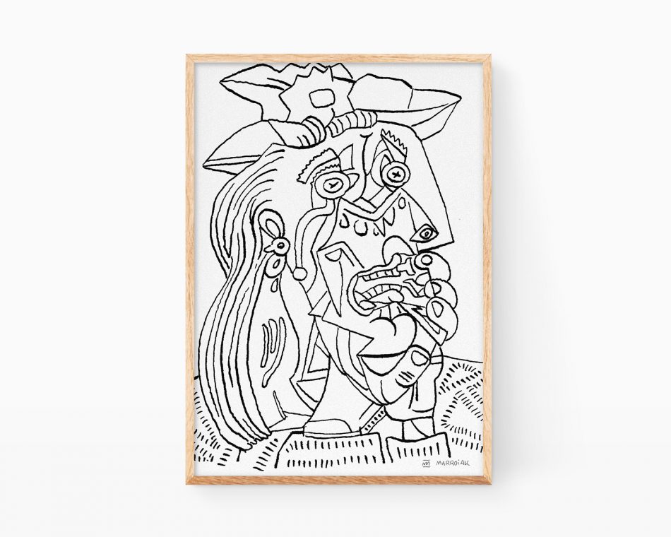 Cuadros de Pablo Picasso. Lámina con una ilustración en blanco y negro de La mujer que llora. Prints para decoración cubista, moderna y de estilo line art minimalista.