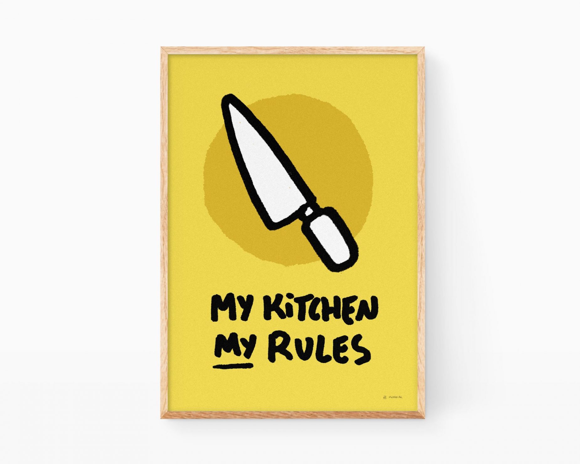 Cuadro decorativo cocina lámina My Kitchen my rules. Ilustración minimalista y divertida con un dibujo de un cuchillo y la frase Mi cocina mis reglas. Decoración estilo Pop Art y Keith Haring.