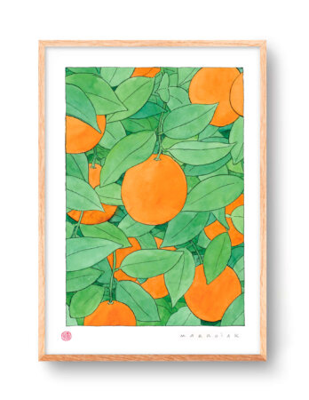 Decorative picture for kitchens with an illustration of oranges and orange leaves on the tree. Prints of Valencian culture and agriculture. Drawing in watercolor.