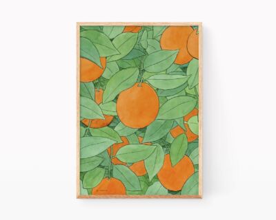 Decorative picture for kitchens with an illustration of oranges and orange leaves on the tree. Prints of Valencian culture and agriculture. Drawing in watercolor.