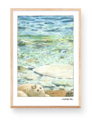 Acuarela con un paisaje de Cala llebeig en Benitatxell. Cuadro decorativo para enmarcar con una ilustración impresa sobre lámina de papel museo. Prints de Alicante con dibujos originales y exclusivos.