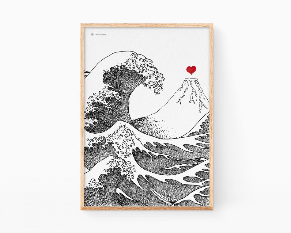 Cuadro minimalista japonés con una versión de la gran ola sobre kanagawa de katsushika hokusai, maestro del ukiyo-e. Ilustración en blanco y negro con un dibujo del mar, el monte fuji y un corazón.