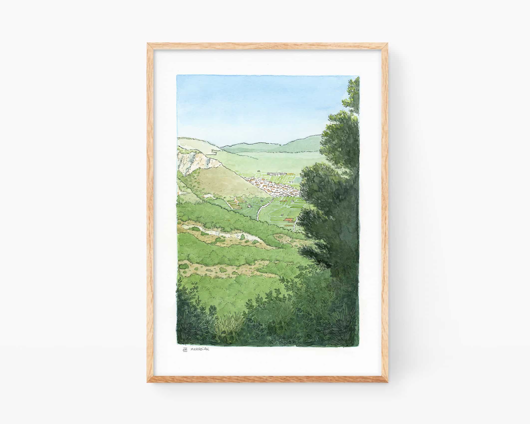 Print con una ilustración en acuarela con un paisaje de La Safor en Simat de la Valldigna. Estilo ukiyo-e